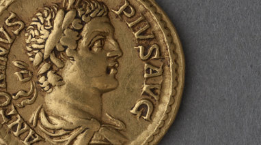 Gold aureus of Caracalla, 205 CE on a Roman coin.