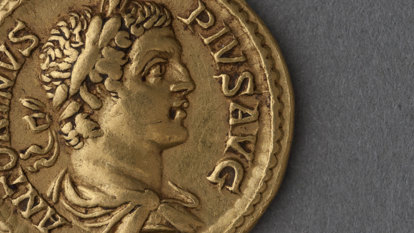 Gold aureus of Caracalla, 205 CE on a Roman coin.