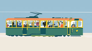 An illustration of a W-Class tram, which is one of the older more classic models, driving along its tracks with around 10 or more lively commuters inside doing various things commuters typically do like reading a book and looking on their phones. The driver can be seen at the front of the tram.
