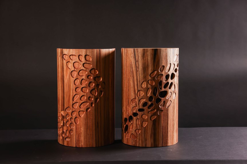 Two wooden nesting boxes sitting side by side, both featuring a striking carved design.