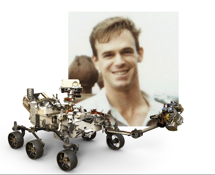 A robotic rover and a young Dr Adrian Brown’s smiling face. 