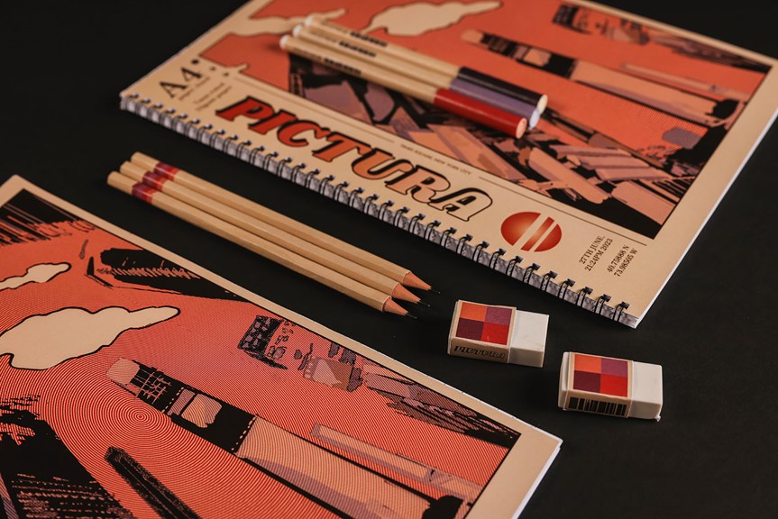 Wooden pencils, erasers and A4 notebooks, all featuring red, purple and orange graphic design.