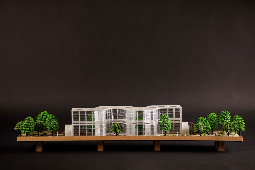 Perspex architectural and garden model, elevated on a wooden base.