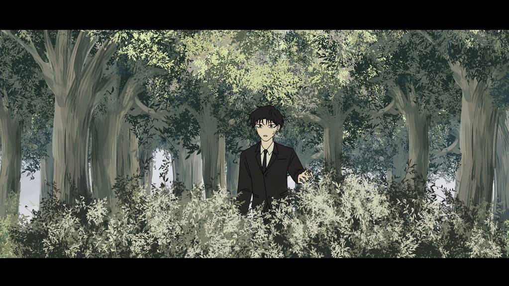 Animated person wearing a suit, standing amongst trees and bushes.