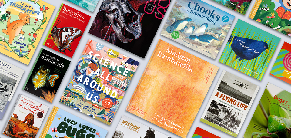 Flat lay image of a selection of Museum Victoria book covers