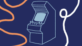 A linework illustration of Atari’s Pong Doubles arcade console, which stands on its own, upright, with joy sticks and button controls.