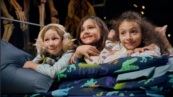 Three children lie on sleeping bags and blankets on the floor of the museum beneath the massive skeleton of a dinosaur.