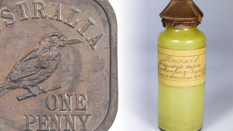 an image of a share one penny coin next to a vial of yellow powder