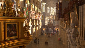 Viewed from the ceiling, an illustration of the interior of a grand cathedral in medieval times. The walls are decorated with flags, stone statues and gold-framed paintings. Soldiers, religious men and women and children gather to pray and socialise. 