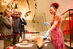  A museums Victoria expert presenting a talk in the Te Pasifika gallery during the Nocturnal after hours event, September 2017 at Melbourne museum.