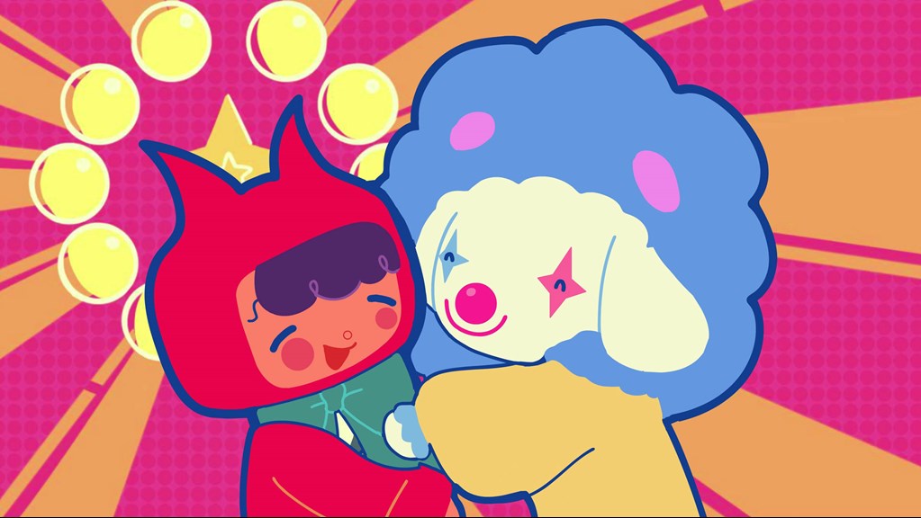 Vibrantly coloured animation depicts two circus characters smiling and hugging each other.