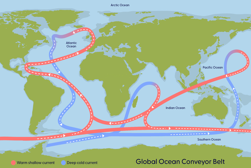 A map showing the movement of water in the global ocean conveyor belt