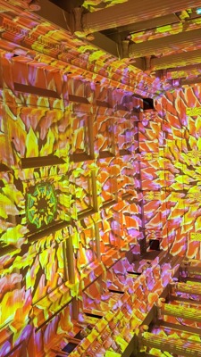 People watching a lightshow projected on the walls of the Long Room at the Immigration Museum.