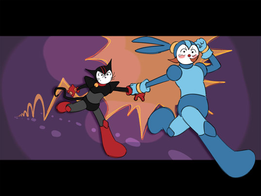 Illustration of two cartoonish characters holding hands, set against a purple and orange background.