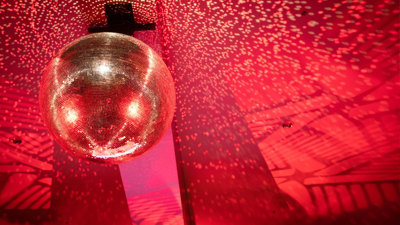  Disco ball (mirror ball) set up in the Melbourne Museum foyer.