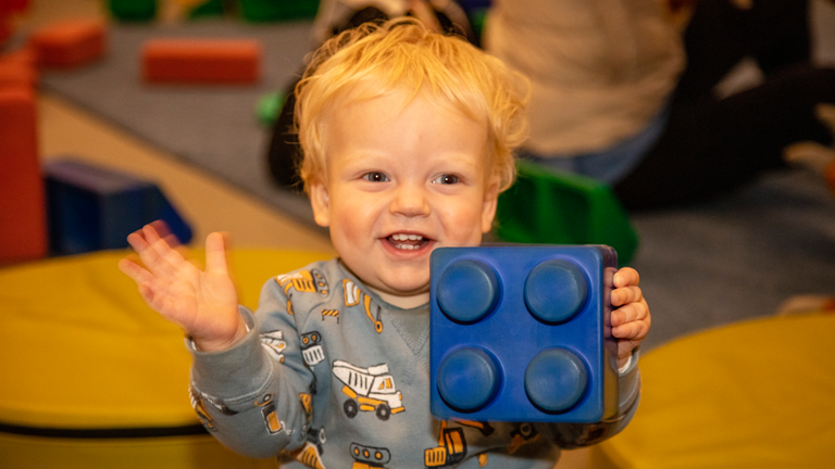 Young child playing with blocks at the Bub Hub activity in the STEM Learning Lab during Little Kids Day In at Scienceworks.