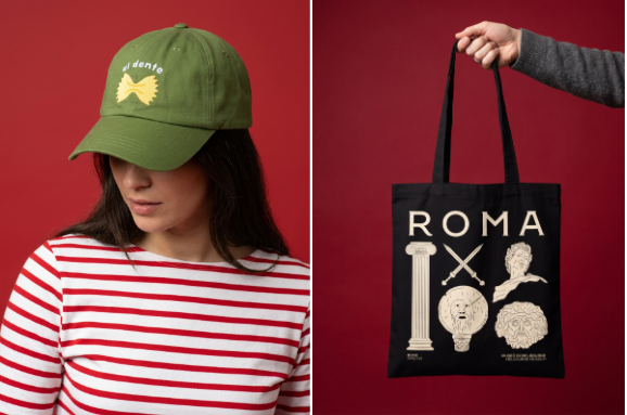 Aa dente Cap (left) and ROMA tote bag (right)