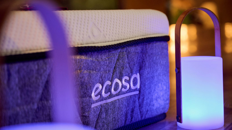 An Ecosa mattress beside lanterns on the floor of Dinosaur Walk Exhibition at Melbourne Museum.