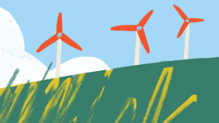 An illustration of three majestic wind turbines on top of a grassy hill, against a peaceful pale blue sky.