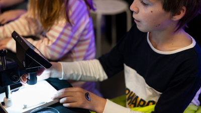 A child using a microsope in a workshop at sciencworks