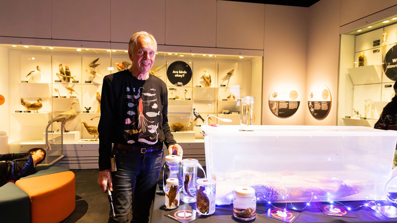 A museum expert stands beside marine collection items in jars during Halloween at the Museum.