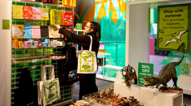 Woman browsing dinosaur merchandise at Melbourne Museum shop