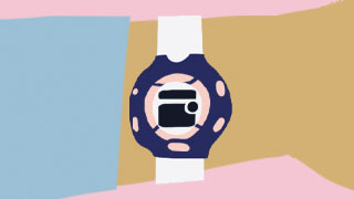 An illustration of a Casio ‘Baby G’ digital watch on a person’s wrist. The watch has a white band, and dark blue and pink features on its face.