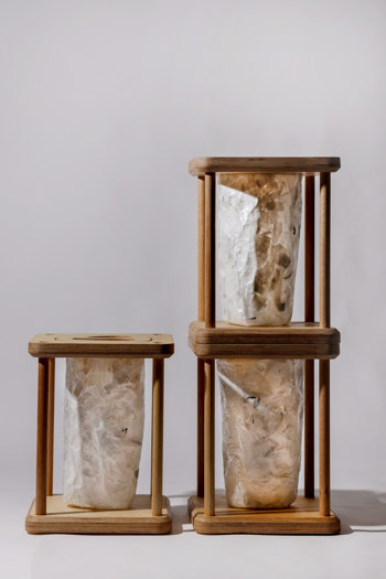 Three wooden-framed containers holding cylindrical forms made from crumpled paper, displayed against a white background.