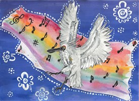 painting of a white bird flying ahead of rainbow flag covered in musical notes.