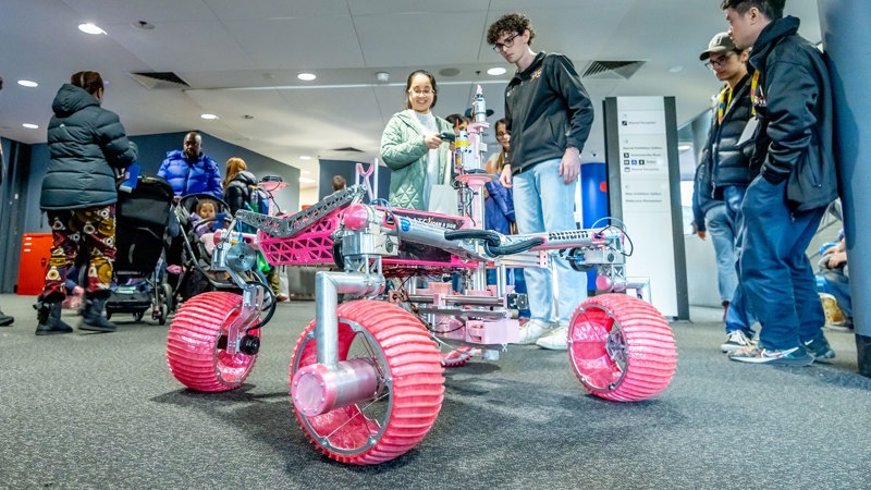 Monash Nover Rover Team’s bright pink Banksia robot in action.