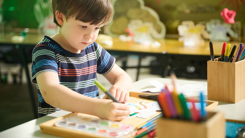 A child uses coloured paints and penicils to make bugs for a diorama.