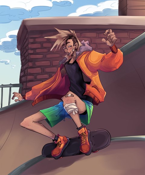 Illustrated character design of a skateboarder with blonde spikey hair and an orange jacket, skating in a half pipe.