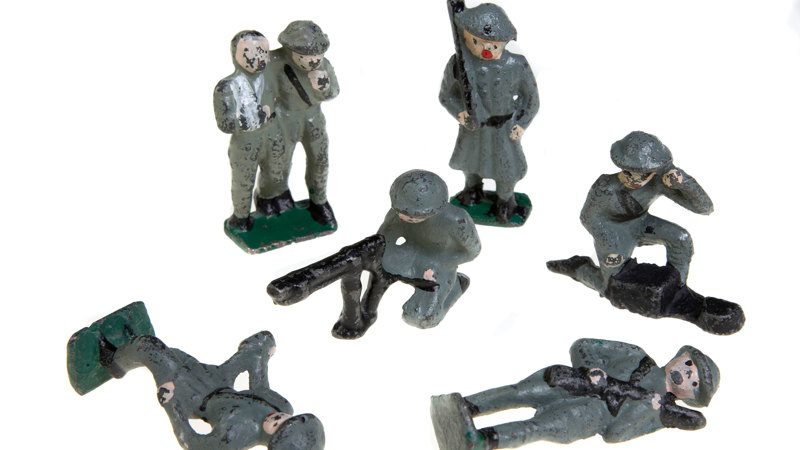 An assortment of painted toy soldiers.
