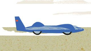 An illustration of the CN7 Bluebird, racing across Kati Thanda-Lake Eyre as Donald Campbell sets his new world land speed record.