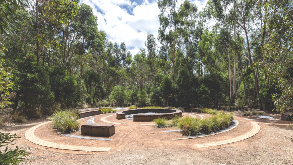 Concentric semis circles of slate and sandstone surround a low circular wall, in a setting on tall trees.