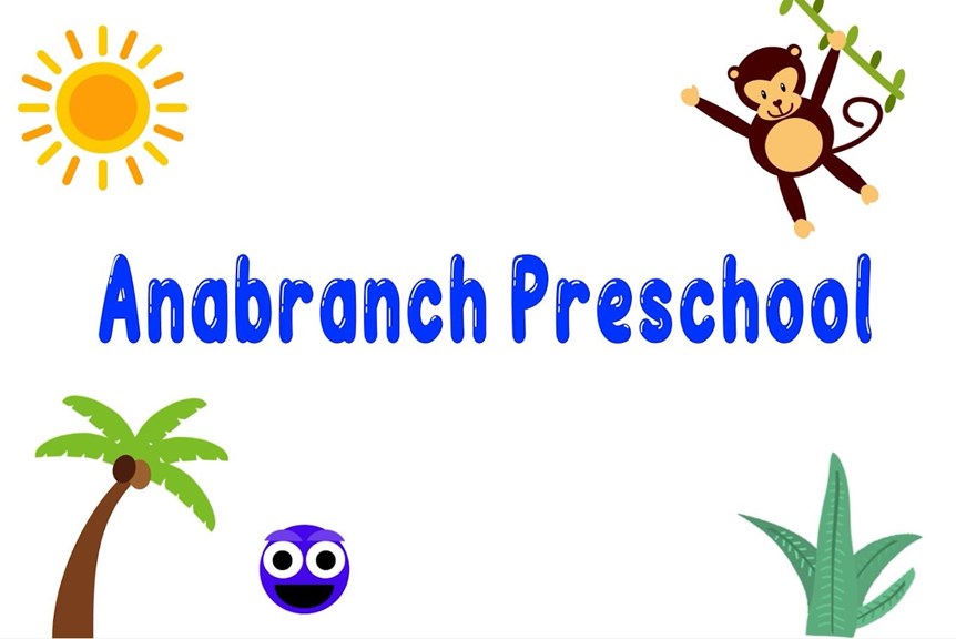 Opening frame of an animated video, with blue text reading 'Anabranch Preschool' and illustrations including a sun, monkey and palm tree.