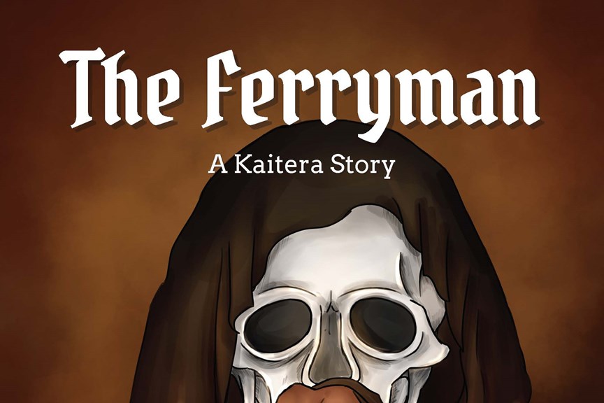 Illustrated skull wearing a black hood. Overlaid text reads 'The Ferryman, a Kaitera Story'.