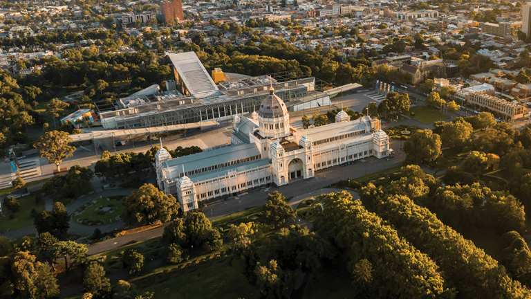 Aerial view of Melbourne Museum and Royal Exhibition Building in Carlton Gardens