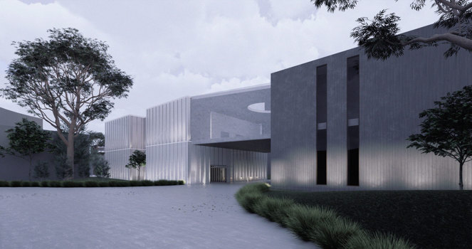 A futuristic museum with white-and-grey architecture sweeping away from the entrance. Large trees and manicured lawns make up the foreground.