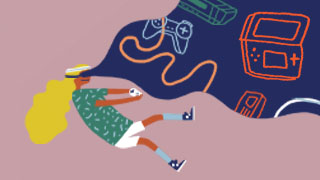 An illustration of a person with virtual reality goggles on, seeing an imagined scene before them that shows linework illustrations of video games, including the Nintendo Donkey Kong, Model DK-52.