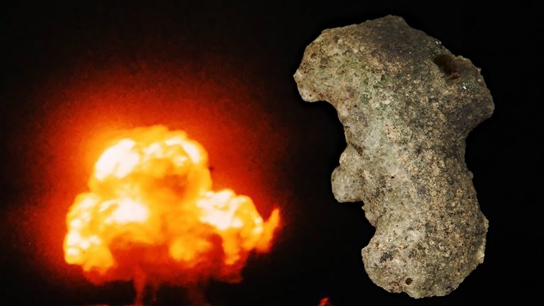 An image of a fiery mushroom cloud next to a piece of green-tinged glass