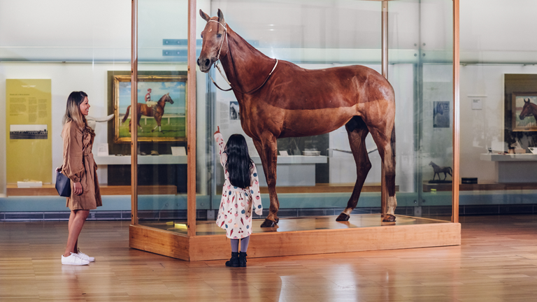 A child and guardian point up at Phar Lap at Melbourne Museum