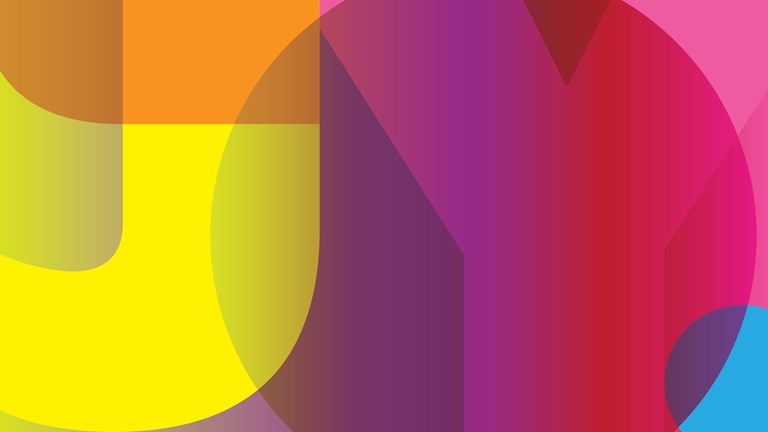 Abstract colourful shapes referencing the letters in the word JOY