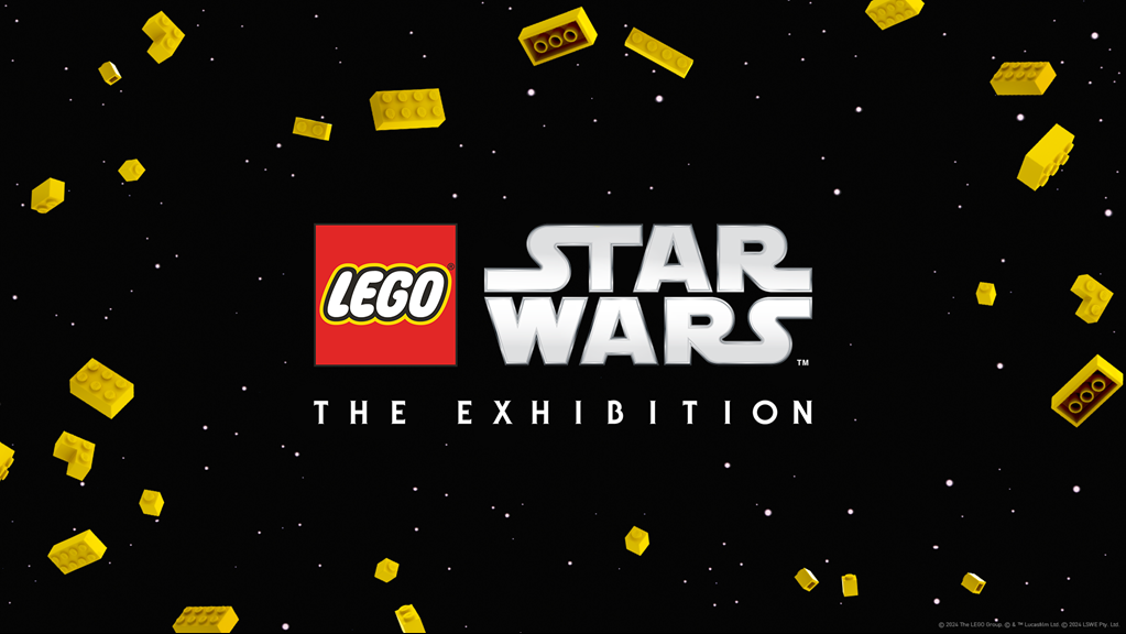 Exhibition poster of yellow lego bricks flying through space. Poster reads: Lego Star Wars The Exhibition.