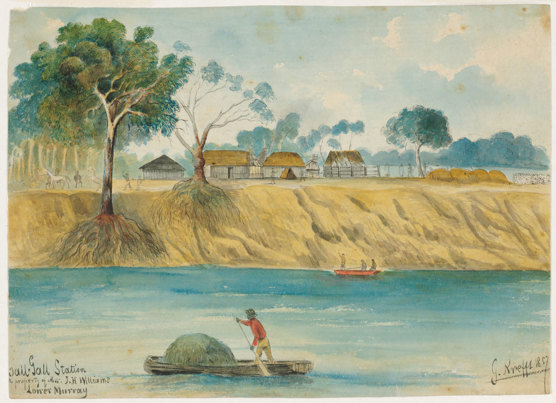 A watercolour image of a small settlement along the Murray River, with a man paddling in a small boat in the foreground.