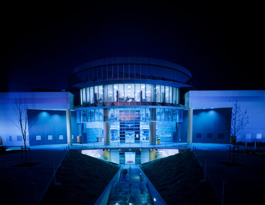  Exterior view of the Scienceworks building at night.