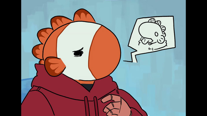 Animated still of a character with an orange and white fish-like head wearing a burgundy hoodie, with a speech bubble containing a simple black and white sketch of the same character.