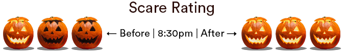 1 out of 3 scare rating before 8:30pm and 3 out of 3 scare rating after 8:30pm