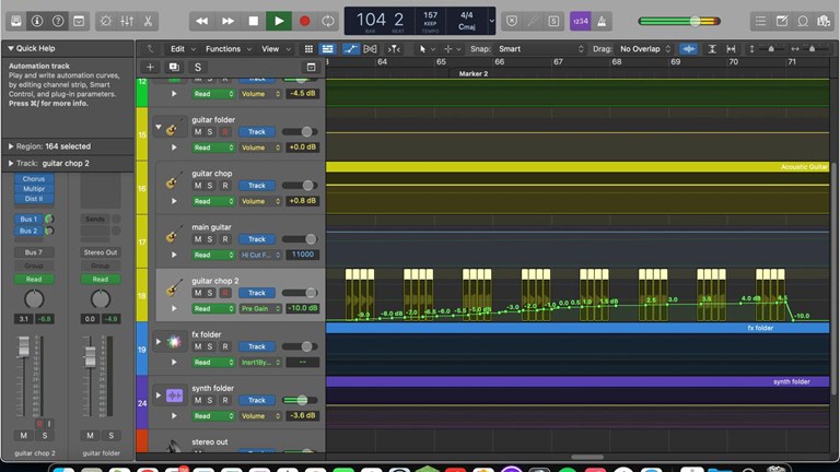 Screenshot of Logic Pro X software showing a compilation of guitar, fx and synth tracks.