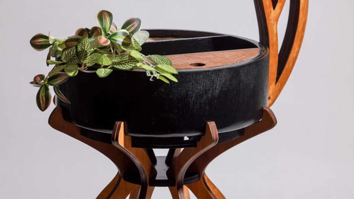 "Sculptural wooden stand with a curved, interlocking frame supporting a black rectangular planter with foliage and a pair of white, geometric lamps positioned at top and bottom. 